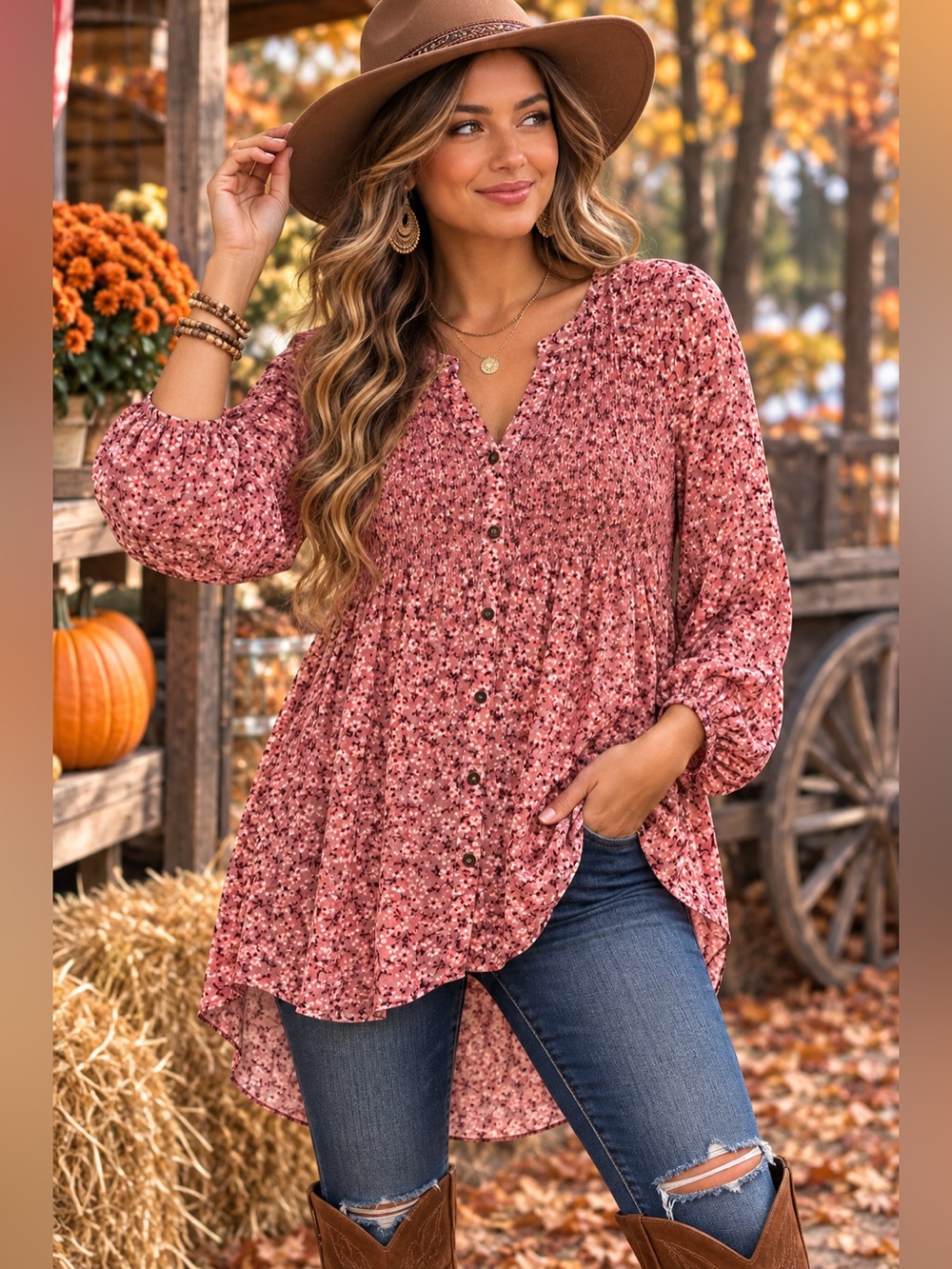 🌸 Knox Rose Floral Boho Peasant Blouse – Women’s Size Large